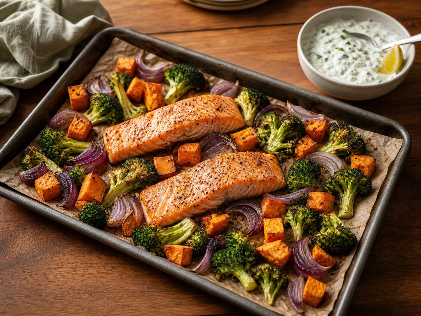 Roasted salmon with sweet potato, broccoli and red onion